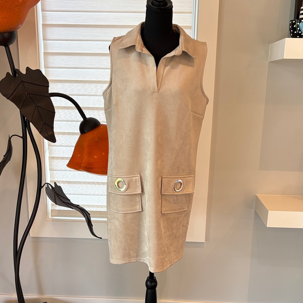 MSK Tan Sleeveless Suede-like Dress with Grommet Pocket Accents Size L NWOT